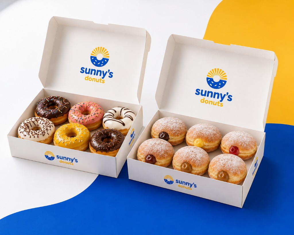 Two open Sunny's Donuts boxes filled with assorted donuts